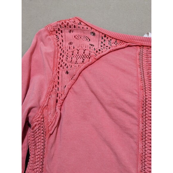 Free People Women Dark Pink Boho Crochet Detailing Long Sleeve Henley Top Size S - Picture 2 of 11